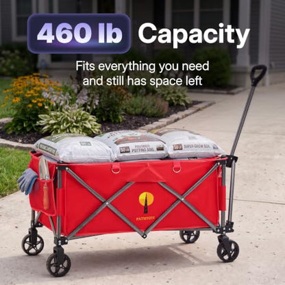 39" L Collapsible Wagon with All-Terrain Wheels, 460 lbs Foldable Cart with Detachable Flashlight, Pockets & Flexible Steering Handle, Red Utility Heavy Duty Folding Beach Wagons Carts - color: Red
