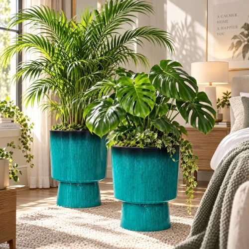 Autodaya 16.8" Faux Ceramic Planters for Outdoor Indoor Plants, Flower pots - color: 16.8"-teal Glazed & Black Rim