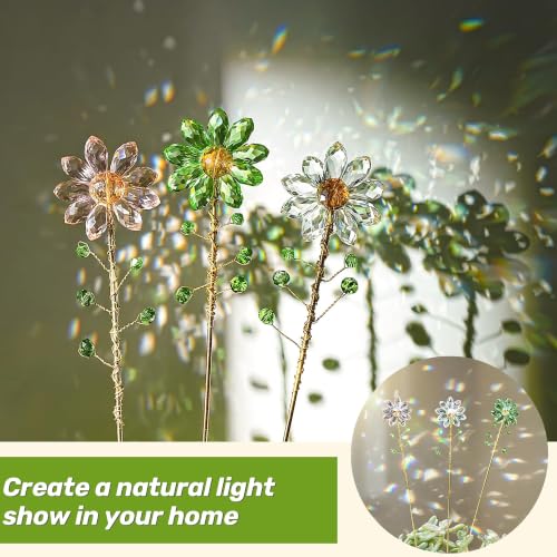 3Pcs Crystal Sunflower Suncatchers with 13'' Gold Trellis Metal Plant Stake - color: Clear, Green, Pink