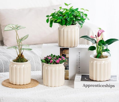 2PCS Self Watering Planters 4.5 Inch Self Watering Pots for Indoor Plants, African Violet Pots with Wick Rope, Flowers, Succulents, Herb, House Plants - color: Beige