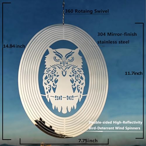 2pcs Owl Bird Scare Devices to Keep Woodpeckers, Pigeons Away from Your House, Patio, Orchards,Bird Deterrents for Outside, Reflective 3D Stainless Steel Wind Spinners Outdoor Garden Decor