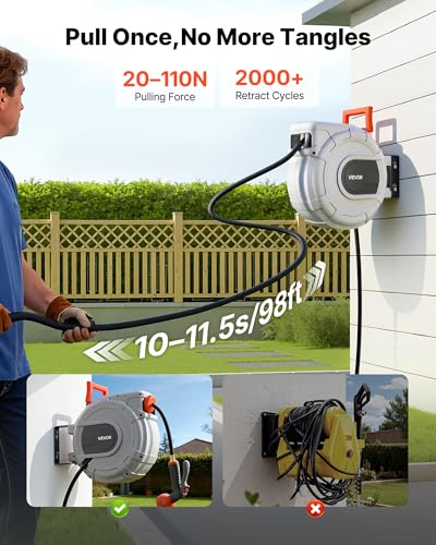 VEVOR Retractable Garden Hose Reel, 1/2 in x 50 ft, Wall Mounted Hose Reel with 9-Function Sprayer Nozzle and 180° Swivel Bracket, Any Length Lock, Automatic Slow Rewind System, for Garden Watering - size: 1/2 in x 50 ft