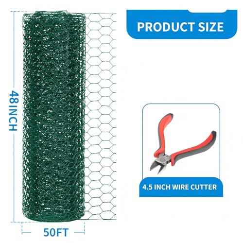 48'' x 50' Green Chicken Wire Fencing, 1 inch Chicken Wire and 19 Gauge Poultry Netting, Garden Mesh Fence Roll for Floral Arrangements/Crafts/Farm/Livestock/Pet Protection - size: Green 48'' x 50'