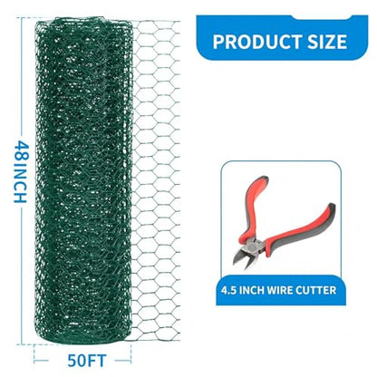 48'' x 50' Green Chicken Wire Fencing, 1 inch Chicken Wire and 19 Gauge Poultry Netting, Garden Mesh Fence Roll for Floral Arrangements/Crafts/Farm/Livestock/Pet Protection - size: Green 48'' x 50'