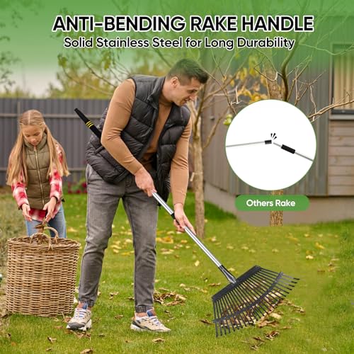 Heavy Duty Garden Rake 6FT Long 25 Tines - style: Stainless Steel - Black