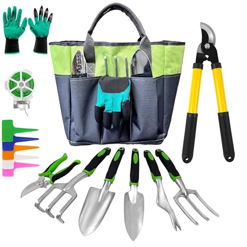 41-Piece Premium Gardening Tool Set, Stainless Steel Heavy Duty Gardening Tool Kit, with Non-Slip Rubber Grip, Storage Tote Bag, Outdoor Hand Tools, Ideal Gardening Gifts for All (Green/Grey) - color: Green/Grey