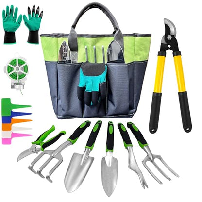 41-Piece Premium Gardening Tool Set, Stainless Steel Heavy Duty Gardening Tool Kit, with Non-Slip Rubber Grip, Storage Tote Bag, Outdoor Hand Tools, Ideal Gardening Gifts for All (Green/Grey) - color: Green/Grey