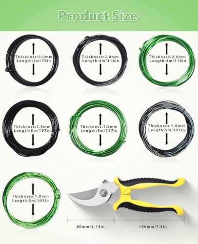 7 Roll Aluminum Bonsai Training Wire Coils with Cutter Set -1/1.5/2.0/3.0mm Multiple Sizes for Bonsai Trees Branch Control Plant Shaping - size: Bonsai Wire 8Pcs