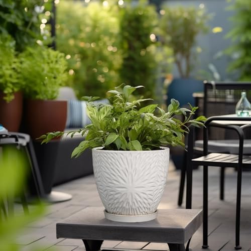 G EPGardening 8 Inch Ceramic Plant Pot with Drainage Hole and Saucer, White