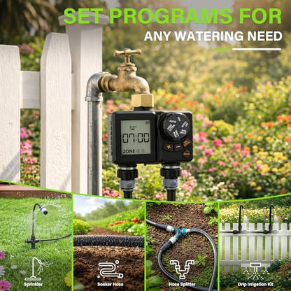 MIXC Rechargeable 2-Zone Water Timer, Full-Body IPX6 Sprinkler Timer - Over One Year Runtime - Save Water & Money, Drip Irrigation Controller with Rain Delay/Manual/Auto Modes for Garden, Lawn, Yard