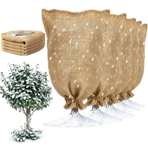 Burlap Fabric Plant Bags 5PCS 32" x 40", Reusable Winter Plant Covers for Freeze Protection, Breathable Frost Resistant Burlap Grow Bags with Drawstring, Heavy Duty Cold Weather Plant Protection - size: 5PCS-32" x 40"