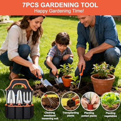 Yesker Gardening Tools 7-Piece Heavy Duty Garden Tool Set Gardening Supplies Gifts for Women Men Gardening Hand Tool Kit with Non-Slip Ergonomic Handle, Garden Bag, Pruning Shears, Black Orange - size: 7PCS Black Orange