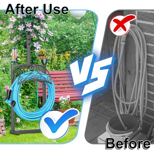Garden Hose Holder, Freestanding Hose Reel Stand with Shepherd Hook - style: Floral with Shepherds Hooks