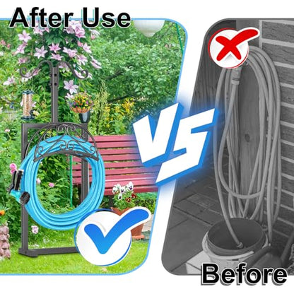 Garden Hose Holder, Freestanding Hose Reel Stand with Shepherd Hook - style: Floral with Shepherds Hooks