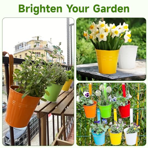 KINGLAKE Flower Pots,10 Pcs Metal Iron Hanging Flower Plant Pot Balcony Garden Plant Planter Baskets Fence Bucket Pots 6.3'' Flower Holders with Detachable Hook - color: Multicolor, size: 6.3 Inch