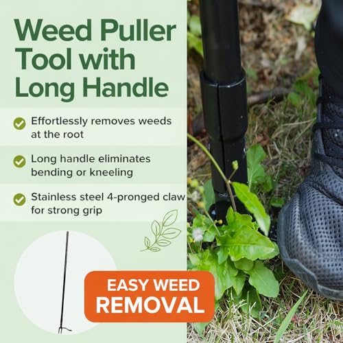 All Black Stand Up Weed Puller 53 Inch Manual Weed Remover Tool Heavy Duty Metal Long Handle Root Removal Weeder with Reinforced Claw and Three Section Steel Shaft for Garden Lawn Yard Use