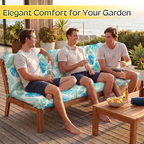 Oxford Fabric Swing Cushions with Backrest & Tie Straps for Patio Bench - color: Monstera Blue