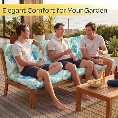 Oxford Fabric Swing Cushions with Backrest & Tie Straps for Patio Bench - color: Monstera Blue