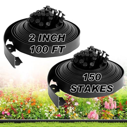 No Dig Landscape Edging 2 Inch x 100 FT, Heavy Duty Flexible Plastic Garden Border with 150 Spiral Spikes, Lawn Edging for Flower Beds, Walkways, Tree Rings, Mulch Beds and Landscaping, Black - style: 2 Inch × 100FT