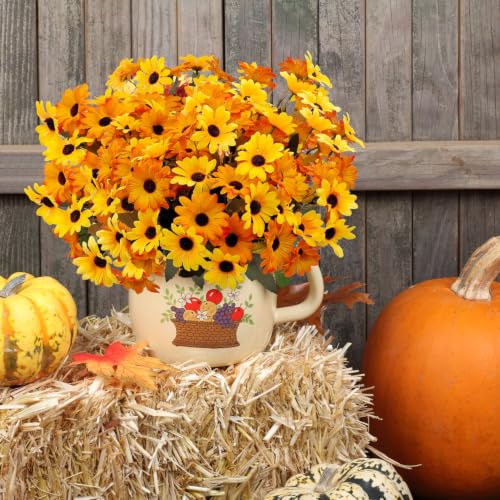 8 Bundles Yellow Flowers Artificial Black Eyed Susans Mums for Outdoors - color: Yellow and Orange