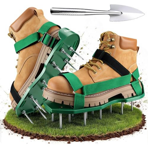 Ohuhu Lawn Aerator Shoes for Grass: Free-Installation Aeration Shoes with Stainless Steel Shovel, Heavy Duty Spike Aerating Sandals Lawn Tool for Yard Patio Garden - color: green