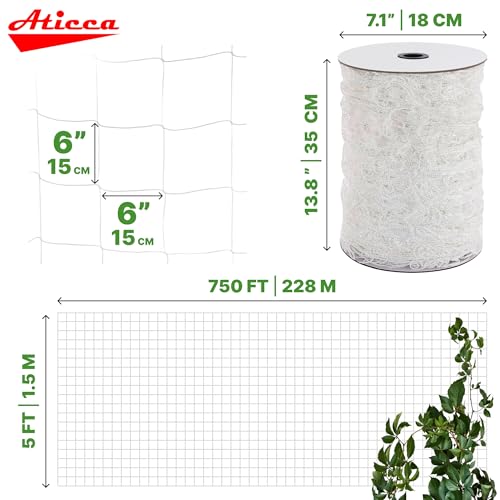 ATICCA 5x750 FT Heavy Duty Trellis Netting, 6-Inch Mesh, White Polyester - size: 5x750ft Polyester Trellis Netting