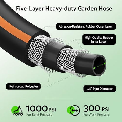Heavy Duty Garden Hose 100 ft x 5/8", 5-Layer Hybrid Water Hose - color: Black & Orange, size: 100ft