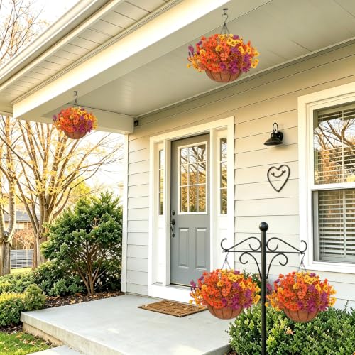 2 Set Artificial Fall Hanging Flower Baskets for Outdoor Autumn Decor - color: Fall Pansy