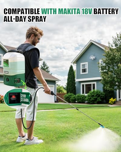 Battery Powered Backpack Sprayer 4 Gallon, 0-100 PSI Strong Electric Sprayer Compatible with Makita 18V Battery, 5 Nozzles, Weed Sprayer for Lawn & Garden, Yard, Fertilizer (Battery Inc)