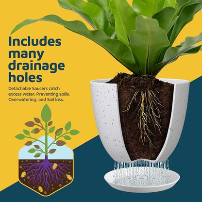 White Gray Plant Pots with Drainage Holes & Saucers 10 Pack, Indoor & Outdoor Stackable Space-Saving Planters for Houseplants & Flowers, (7", 6.7", 6", 5.3", and 4.8" Inches), Durable & Weatherproof