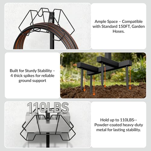 Giraffe Tools Garden Hose Holder with 4 Spikes Holds 150FT, Freestanding