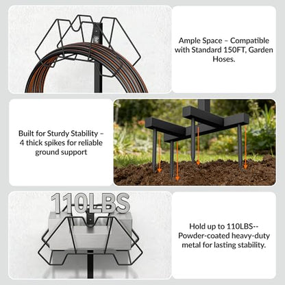 Giraffe Tools Garden Hose Holder with 4 Spikes Holds 150FT, Freestanding