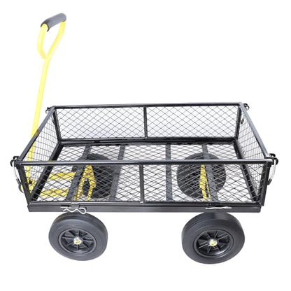 Metal Utility Wagon with 10" Solid Large Wheels 500 Lbs Capacity Heavy Duty Wheel Barrow Mesh Steel Garden Wagon Cart Dump Cart Pullable with 180° Rotating Handle Removable Sides (Black & Yellow) - color: Black & Yellow