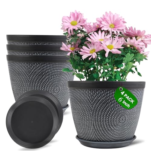 Quarut 4 Pack 6 Inch Flower Pots,Plastic Plant Pots with Drainage Hole&Tray - color: Gray, size: 6 Inch