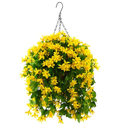 INQCMY Fake Hanging Flowers with Basket Artificial Violet for Outdoor Porch - color: Yellow