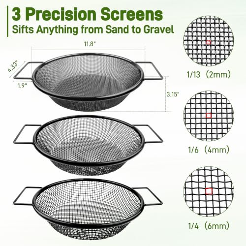 Mulctun 3Pcs Soil Sifter with Handles,Heavy Duty Dirt Sifter for Gardening - color: Black, size: 3 Pcs (2,4,6mm grid)
