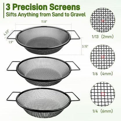 Mulctun 3Pcs Soil Sifter with Handles,Heavy Duty Dirt Sifter for Gardening - color: Black, size: 3 Pcs (2,4,6mm grid)