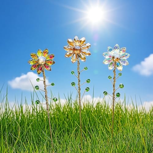 3Pcs Crystal Sunflower Suncatchers Glass Plant Suncatcher with Metal Stake - color: Ab, Red, Amber