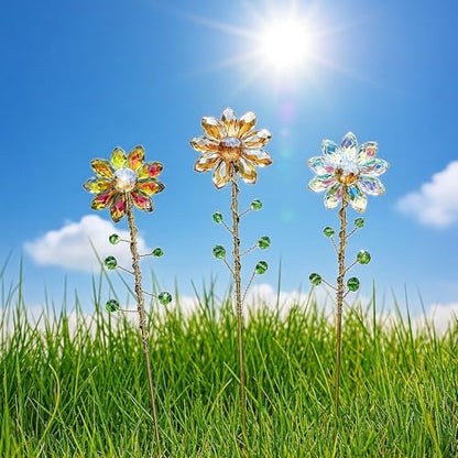 3Pcs Crystal Sunflower Suncatchers Glass Plant Suncatcher with Metal Stake - color: Ab, Red, Amber