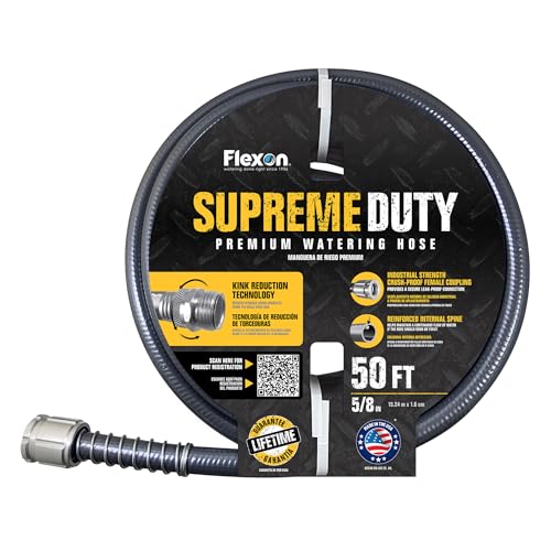 Flexon Supreme Duty 5/8" x 50-Foot Heavy-Duty Garden Hose – Kink-Resistant, High Burst Strength, Crush-Proof Brass Fittings, Ideal for Landscaping and Job Sites - size: 50 FT