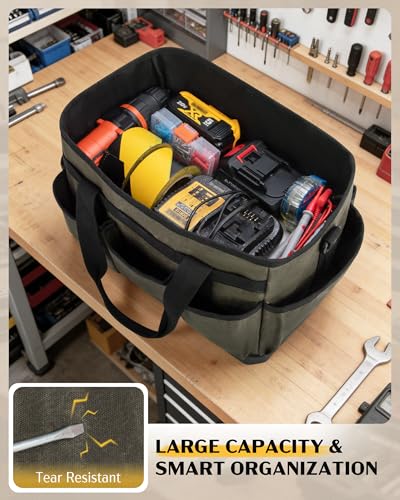 Marscamd Waxed Canvas Tool Bag with Hard Bottom and 8 Pockets - color: Dark Green