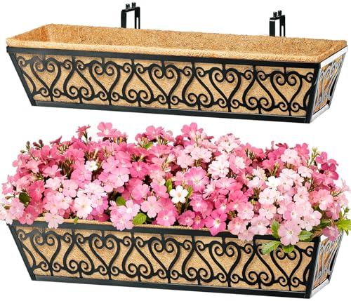 2 Pack 30 Inch Deck Railing Planter Box - Window Boxes Planters with Adjustable Brackets Coco Liners Balcony Planters Railing Hanging for Window Flower Boxes Outdoor Garden Decor - size: 30 Inch