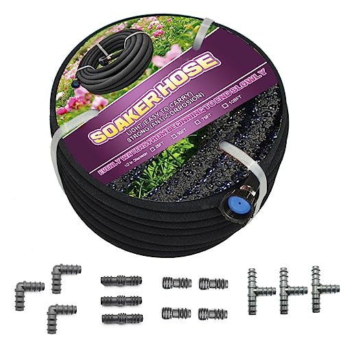 Soaker Hose 100ft - 1/2 Round Rubber Garden Soaker Hoses Kit, Heavy Duty Irrigation Drip Hose, Water Seeper Soaking Hose for Gardens, Flower Beds And Lawn Yard - size: 100FT by 1/2"