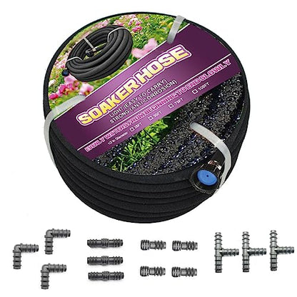 Soaker Hose 100ft - 1/2 Round Rubber Garden Soaker Hoses Kit, Heavy Duty Irrigation Drip Hose, Water Seeper Soaking Hose for Gardens, Flower Beds And Lawn Yard - size: 100FT by 1/2"