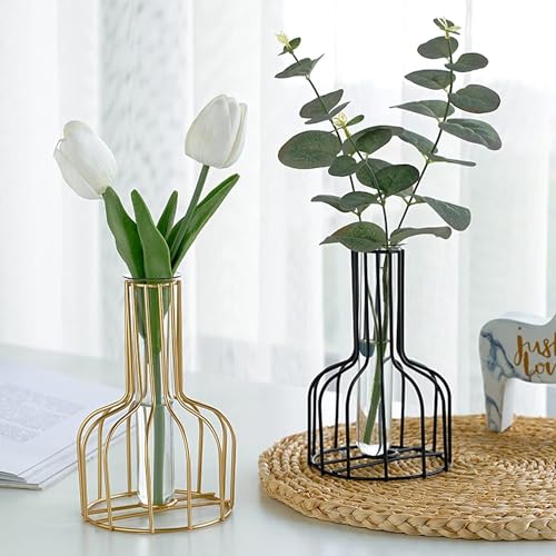 IvyMei Luxurious Nordic Gold Black Table Flower Vase Metal Frame Glass Tube - color: Gold Black