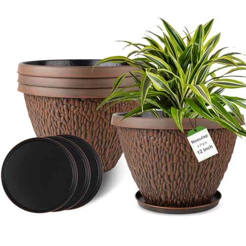 Nooulap 4 Pack 12 Inch Plastic Pots for Plants Outdoor Indoor - color: Pebbles Pattern, size: 12 Inch