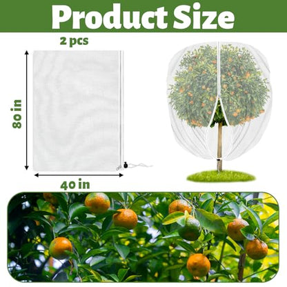 Garden Insect Barrier Net with Drawstring & Zipper - 3.3x3.9ft Reusable Mesh Cover for Dwarf Fruit Trees, Potted Plants, Blueberry Bushes, Protect from Bugs, Birds, Squirrels (2, 40 * 48in)