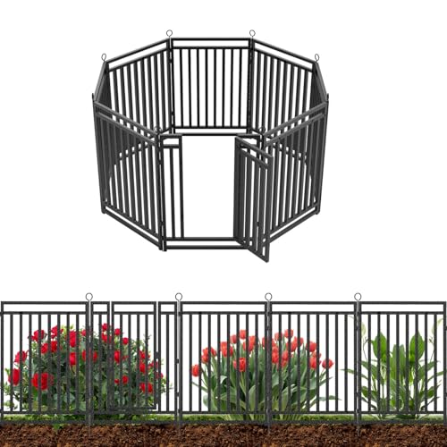 Decorative Garden Fence Metal Dog Fence Outdoor for Yard, 18ft (L) × 40in (H), 7 Panels + 1 Gate, Heavy Duty Animal Barrier Fencing for Patio & Flower Bed, No Dig, Black-Silver - size: 40in(H)x18ft(L)