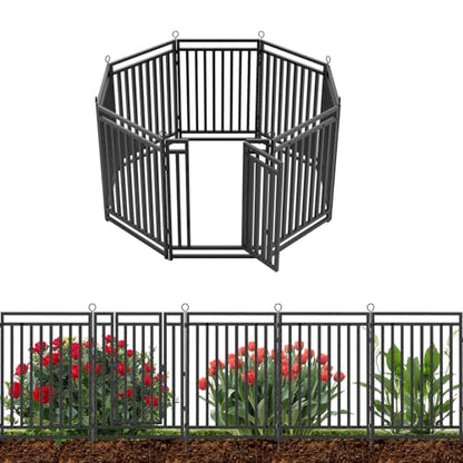 Decorative Garden Fence Metal Dog Fence Outdoor for Yard, 18ft (L) × 40in (H), 7 Panels + 1 Gate, Heavy Duty Animal Barrier Fencing for Patio & Flower Bed, No Dig, Black-Silver - size: 40in(H)x18ft(L)