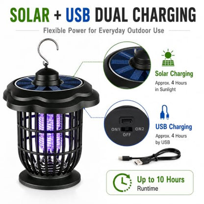 Rechargeable Outdoor Bug Zapper, 2000V Grid, Solar Panel, 365nm Light
